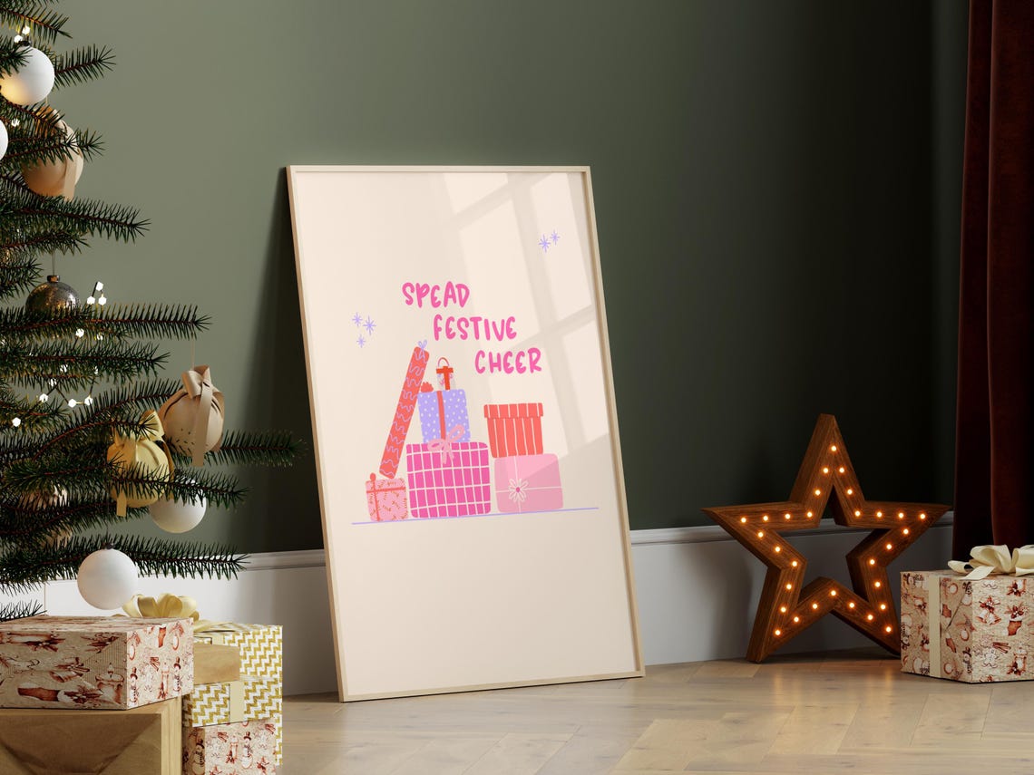 Spread Festive Cheer Poster Pink Gift Boxes Christmas Holiday Decor