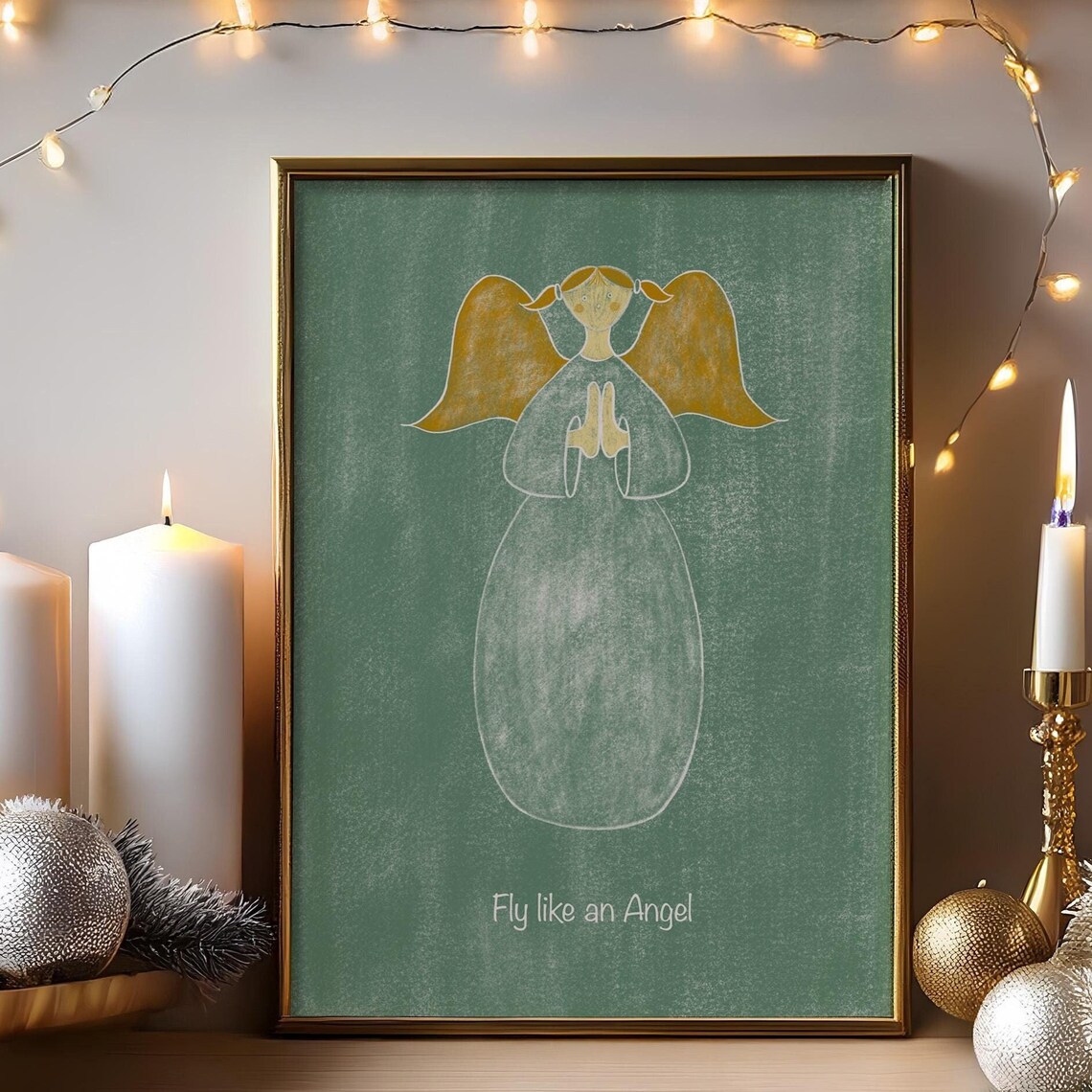 Fly Like An Angel Folk Art Gold Wings Green Chalkboard Style Poster