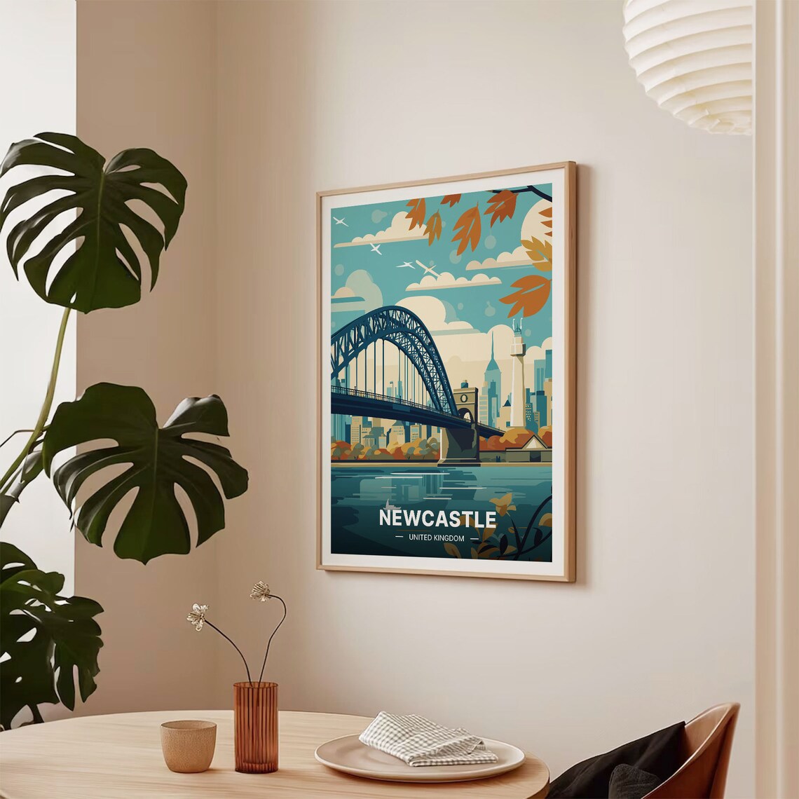 Newcastle United Kingdom Travel Poster Tyne Bridge Autumn Skyline Art - Image 2