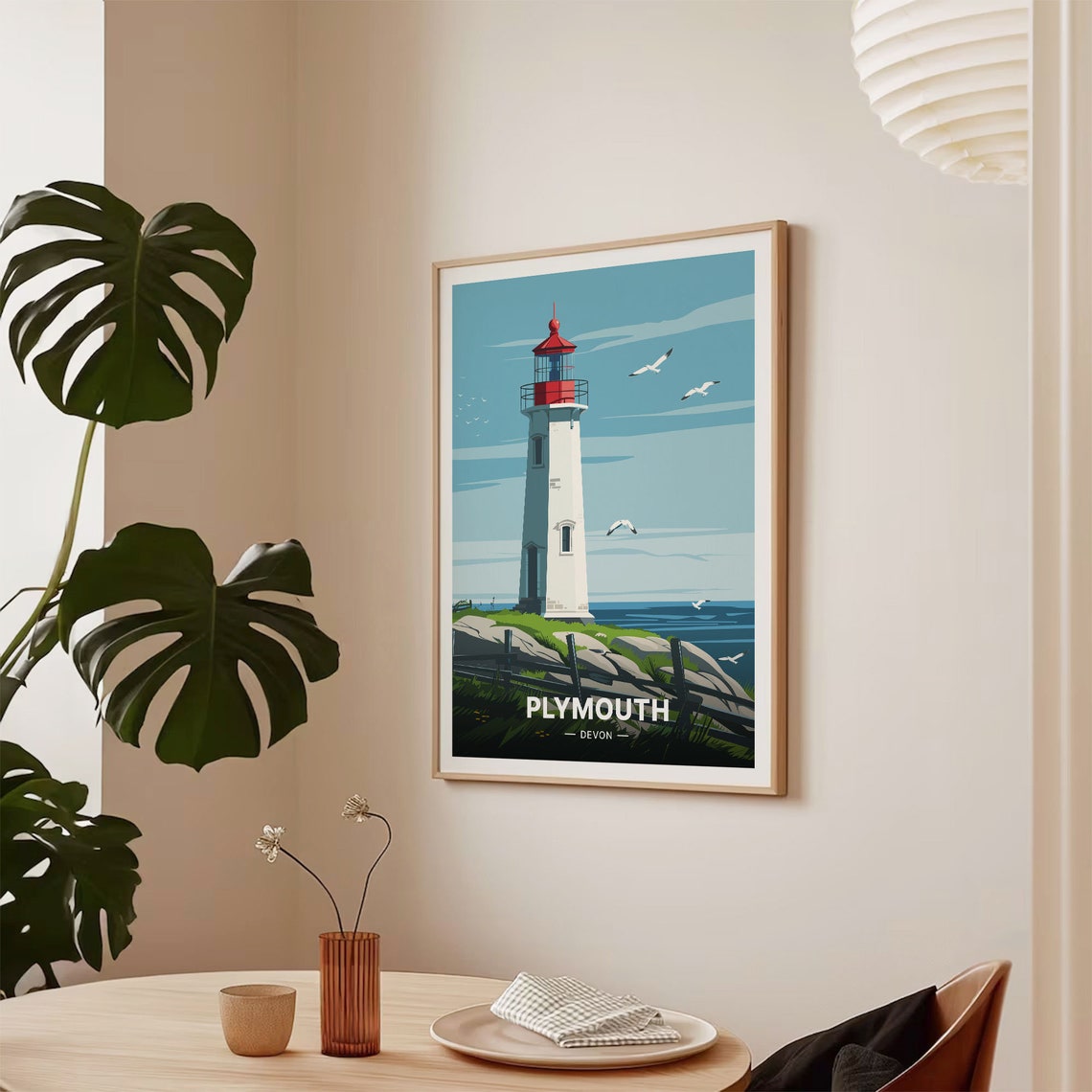 Plymouth Devon Lighthouse Red Cap Seagulls Coastal Travel Poster Art - Image 2
