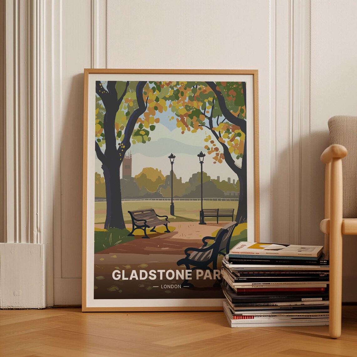 Gladstone Park London Autumn Benches Vintage Travel Poster Art