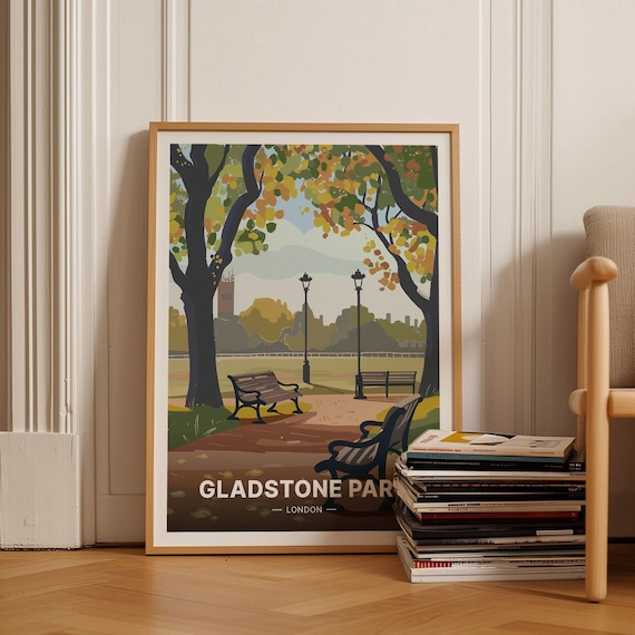 Gladstone Park London Autumn Benches Vintage Travel Poster Art
