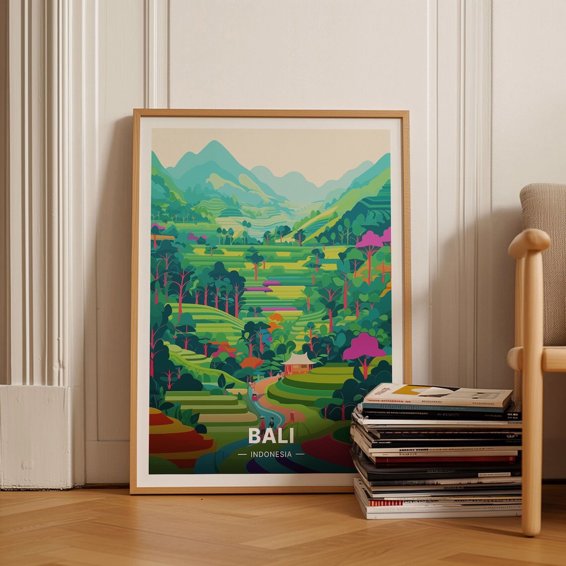 Bali Indonesia Vintage Travel Poster Lush Rice Terrace Jungle Art