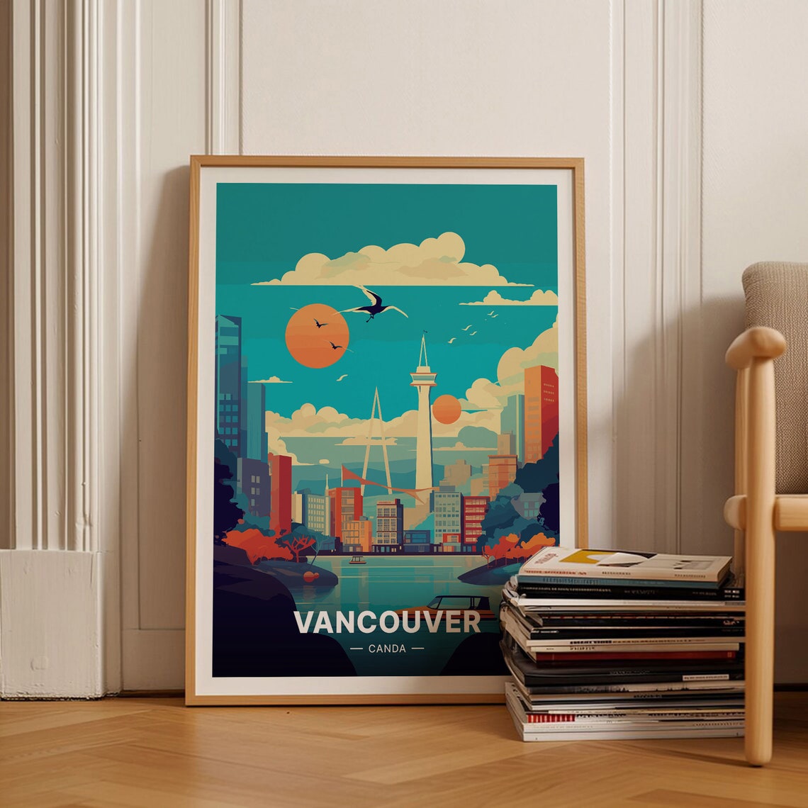 Vancouver Canada Skyline Tower Bridge Sunset Retro Travel Poster