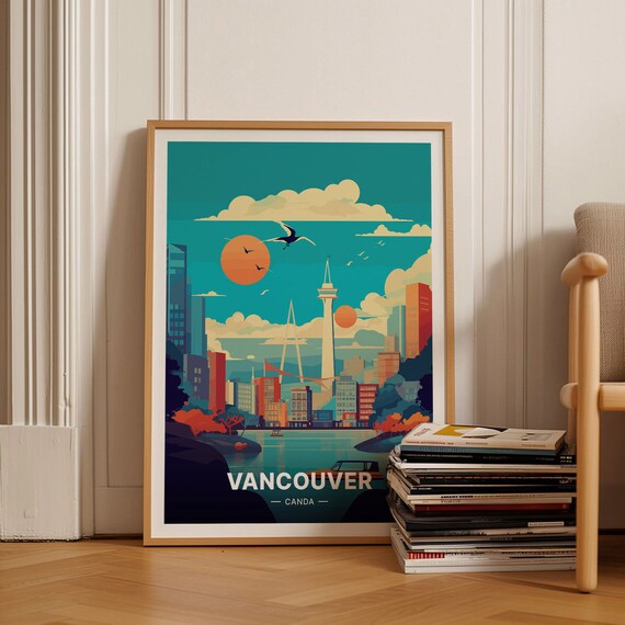 Vancouver Canada Skyline Tower Bridge Sunset Retro Travel Poster