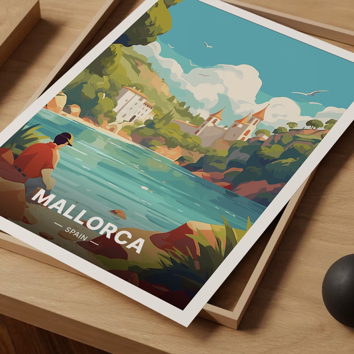 Mallorca Spain Coastal Cove Chapel Cliffs Seagulls Travel Poster - Image 3