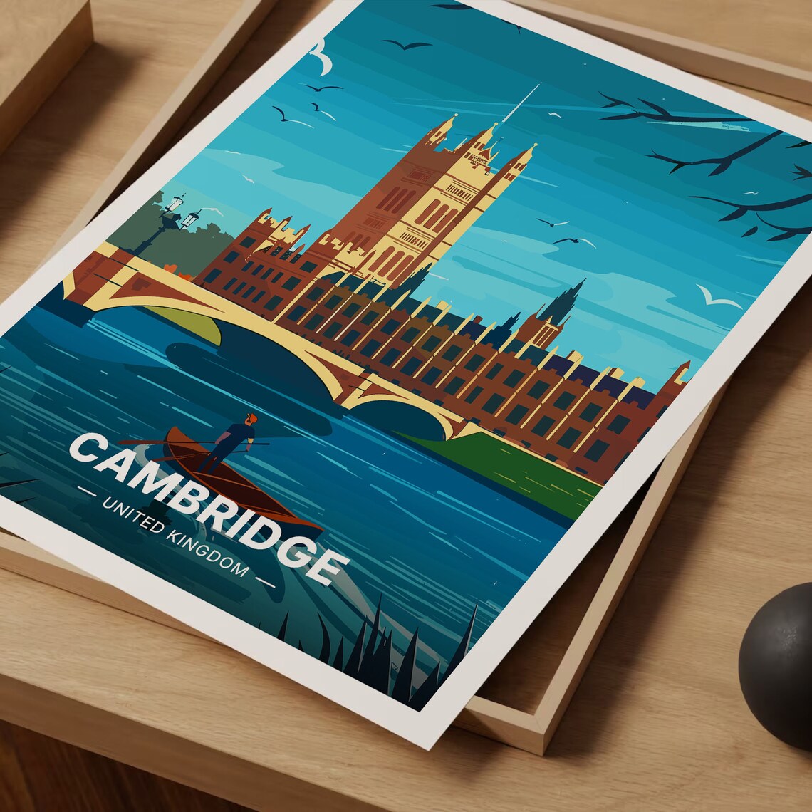 Cambridge England Vintage Travel Poster River Punting Cityscape Art - Image 3