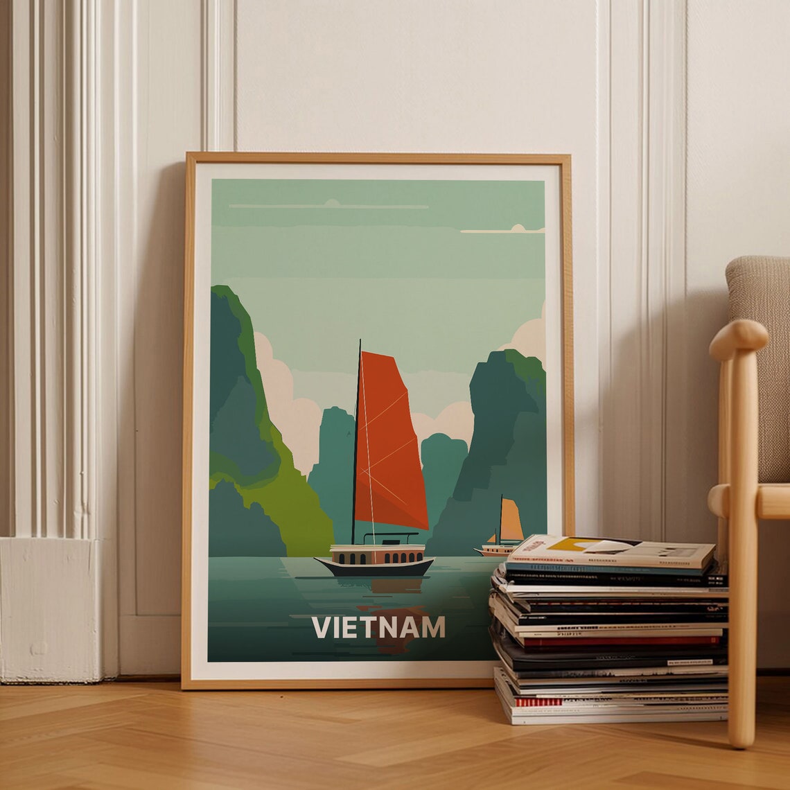Vietnam Junk Boat Red Sails Karst Bay Adventure Travel Poster