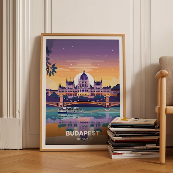 Budapest Hungary Parliament Building River Sunset Travel Poster Art