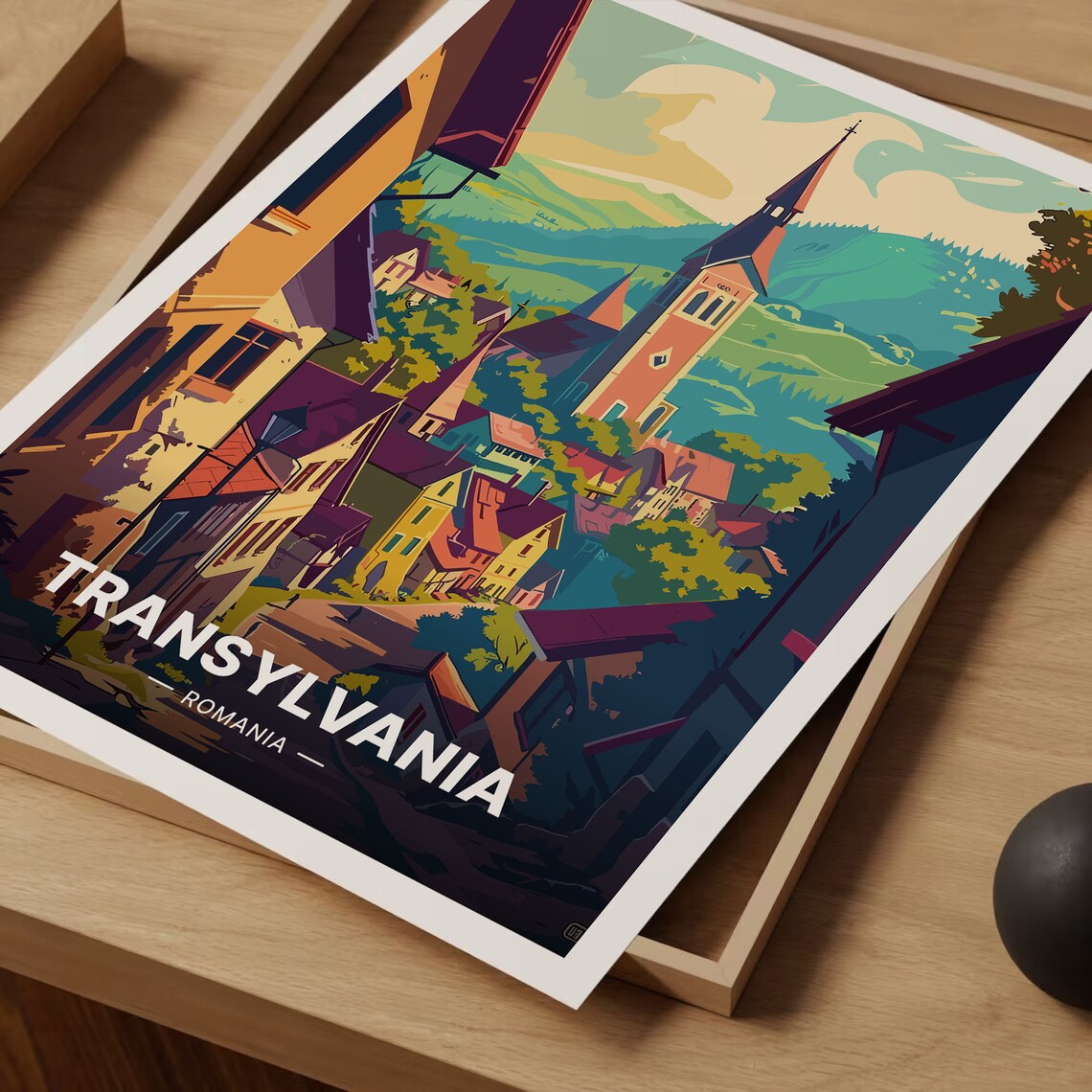 Transylvania Romania Travel Poster Village Church Spire Hills Art - Image 3