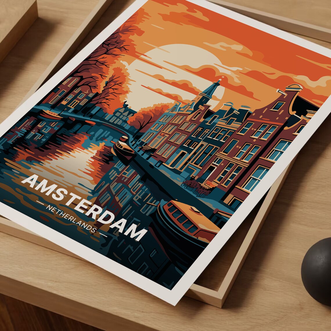 Amsterdam Netherlands Canal Sunset Gabled Houses Boats Travel Poster - Image 3