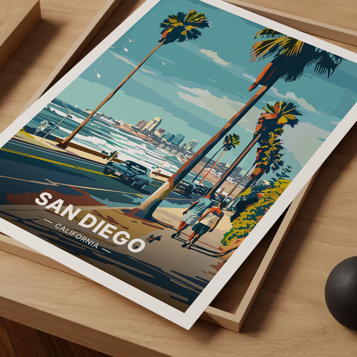San Diego California Palm Lined Coast Road Classic Car Poster - Image 3