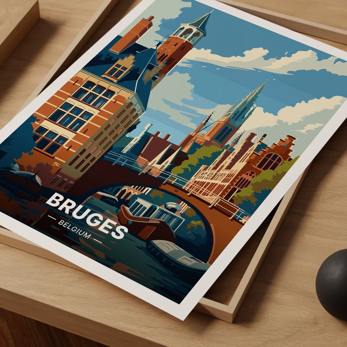 Bruges Belgium Belfry Tower Canal Bridge Medieval Travel Poster - Image 3