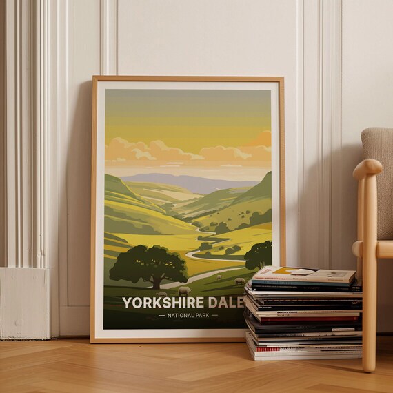 Yorkshire Dales National Park Travel Poster Sheep Hills Sunset Art