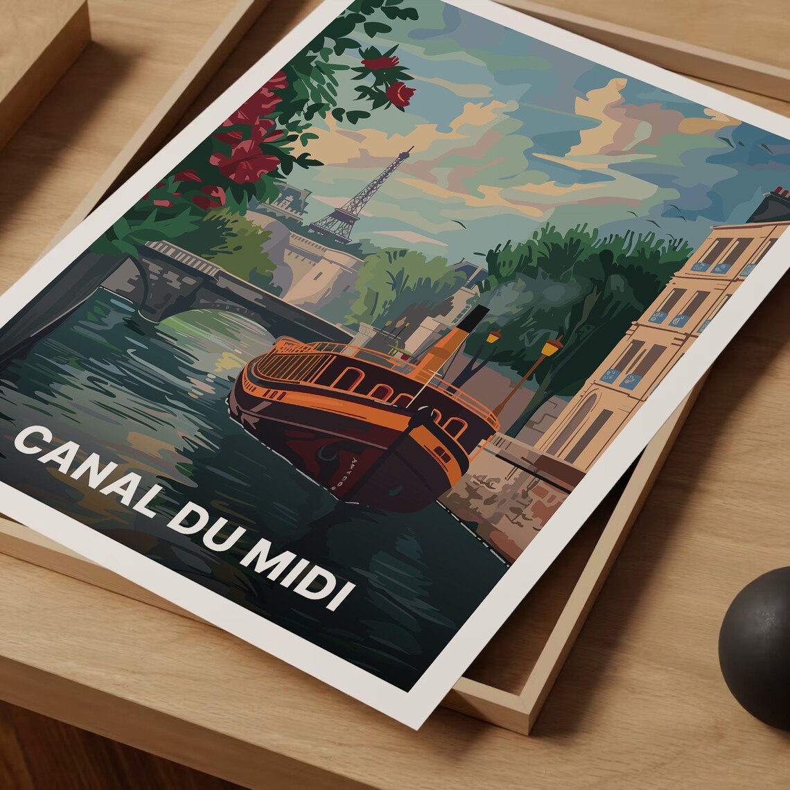 Canal du Midi France Canal Boat and Eiffel Tower Travel Poster - Image 3