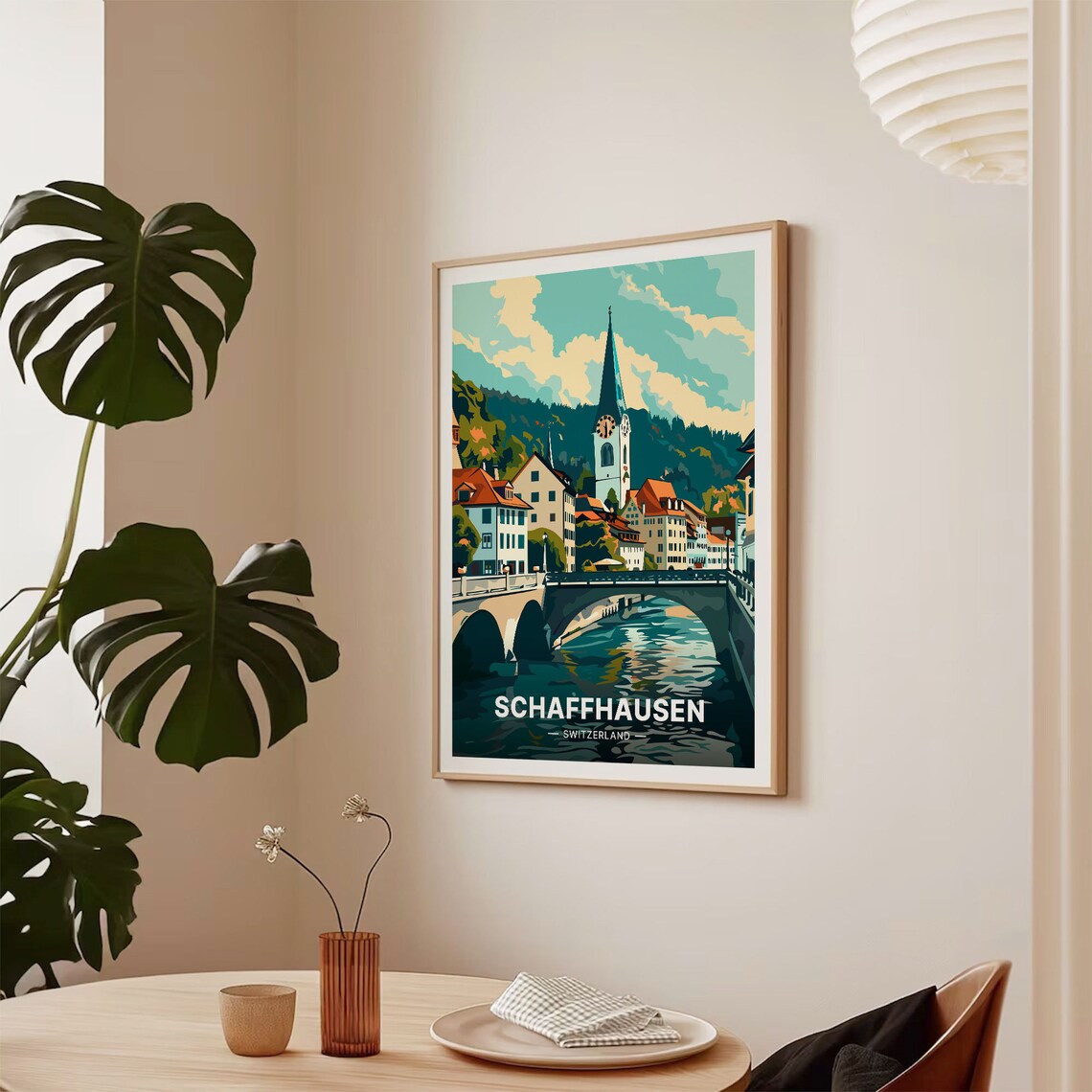 Schaffhausen Switzerland Riverside Old Town Bridge Tower Travel Poster - Image 2
