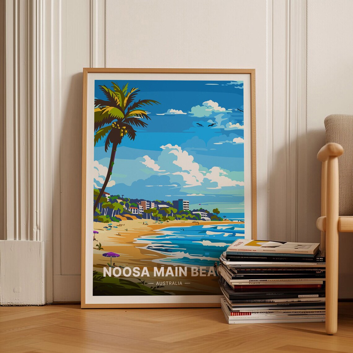 Noosa Main Beach Travel Poster, Australia Coastal Scene
