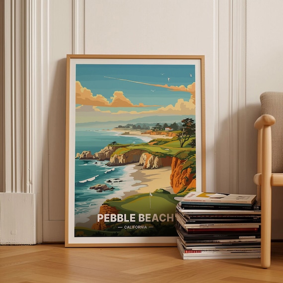 California Coastal Decor Pebble Beach Travel Poster Monterey Scenic Golf Wall Art Beach House Artwork C20 394