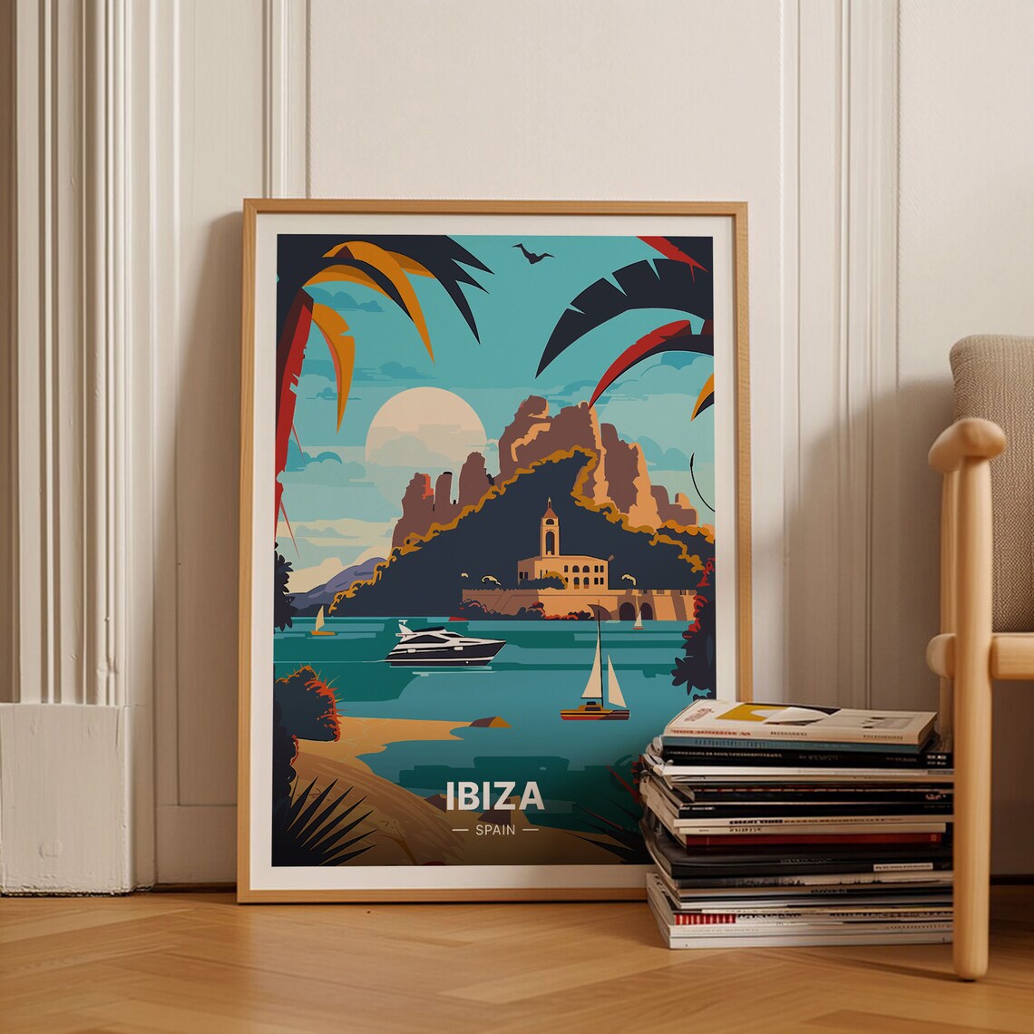 Ibiza Spain Travel Poster Boats Harbor Church Mid Century Modern Art