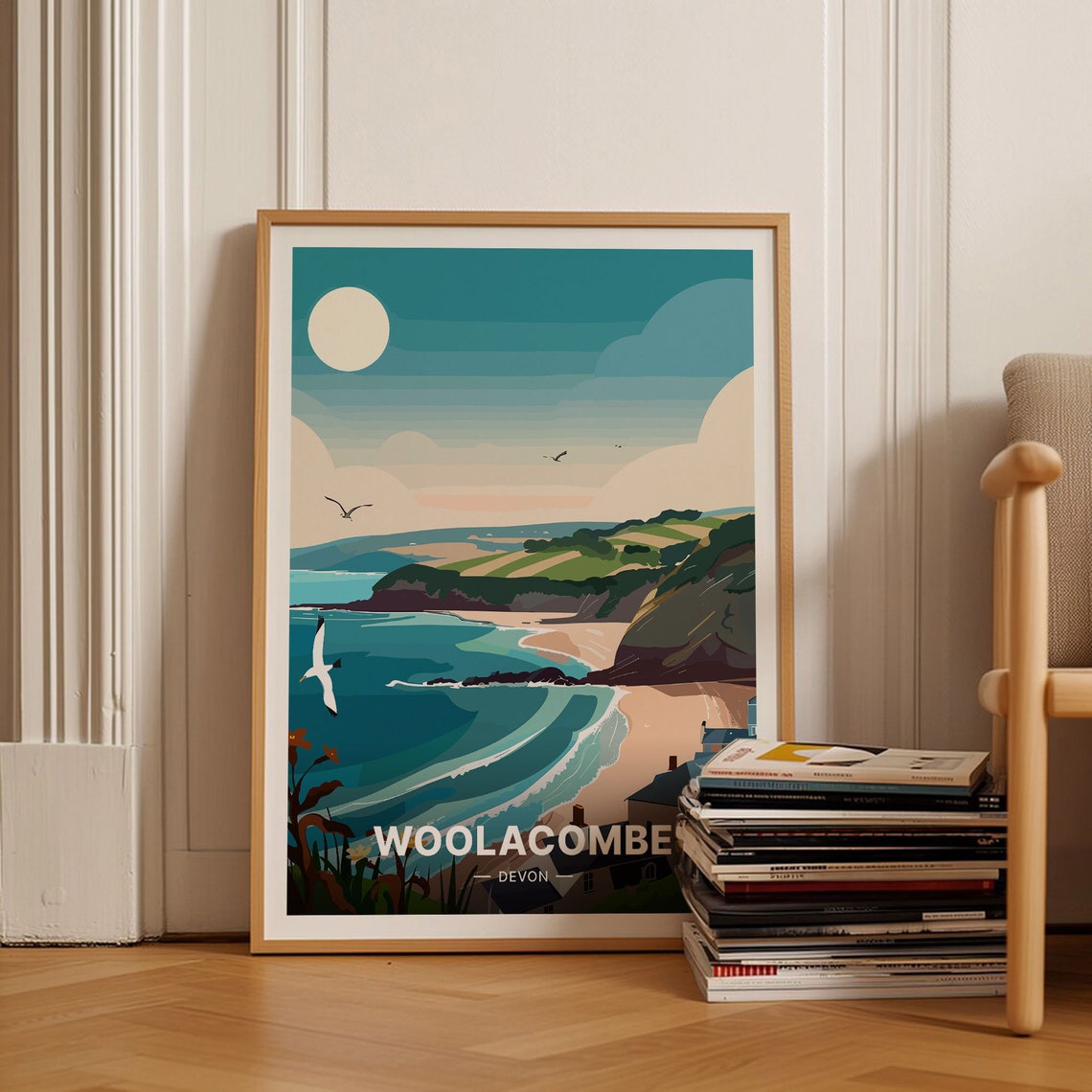 Woolacombe Devon Beach Travel Poster Vintage UK Coastal Scene Art