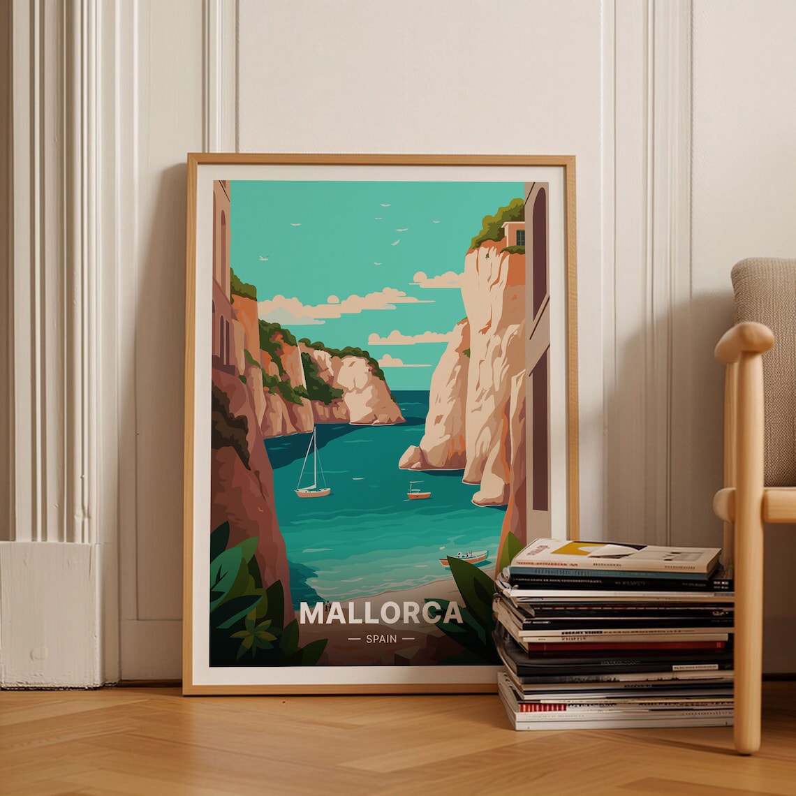 Mallorca Spain Travel Poster Turquoise Cove Cliffs Sailboats Art