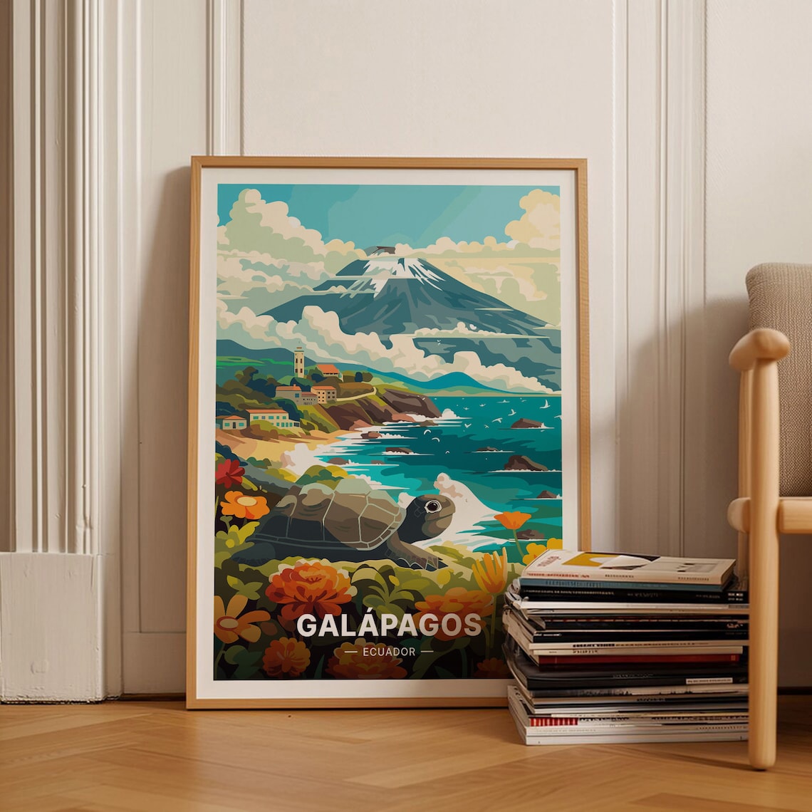 Galapagos Islands Ecuador Giant Tortoise Volcano Coast Travel Poster