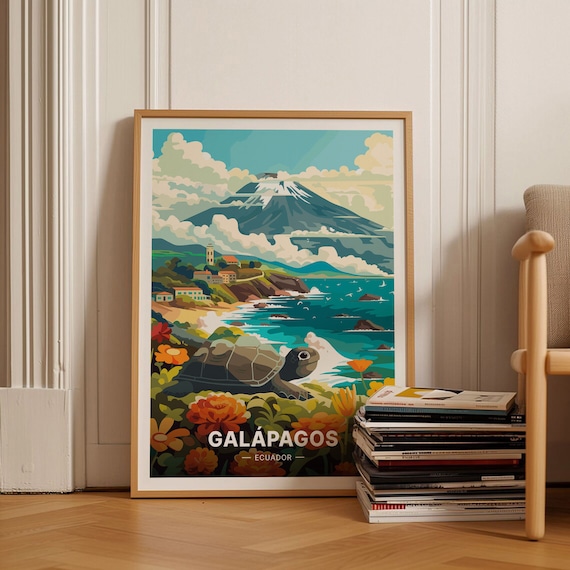 Galapagos Islands Ecuador Giant Tortoise Volcano Coast Travel Poster