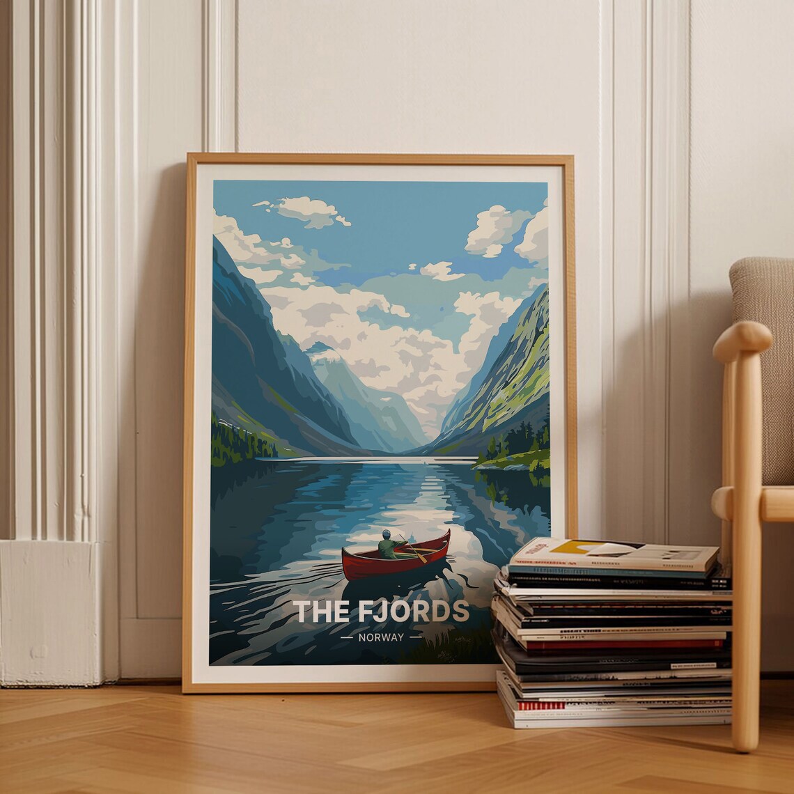 Norway Fjords Kayak Scene Mountain Water Vintage Travel Poster