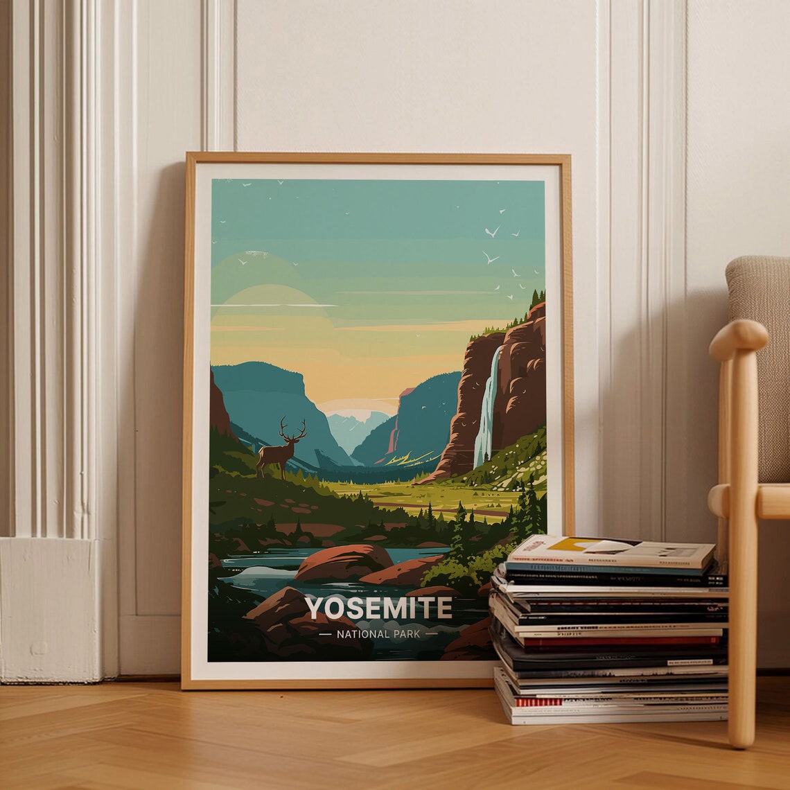 Yosemite National Park Deer Valley Waterfall Nature Art Poster