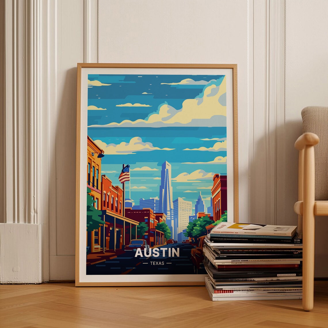 Austin Texas Downtown Skyline American Flag Street Scene Travel Poster