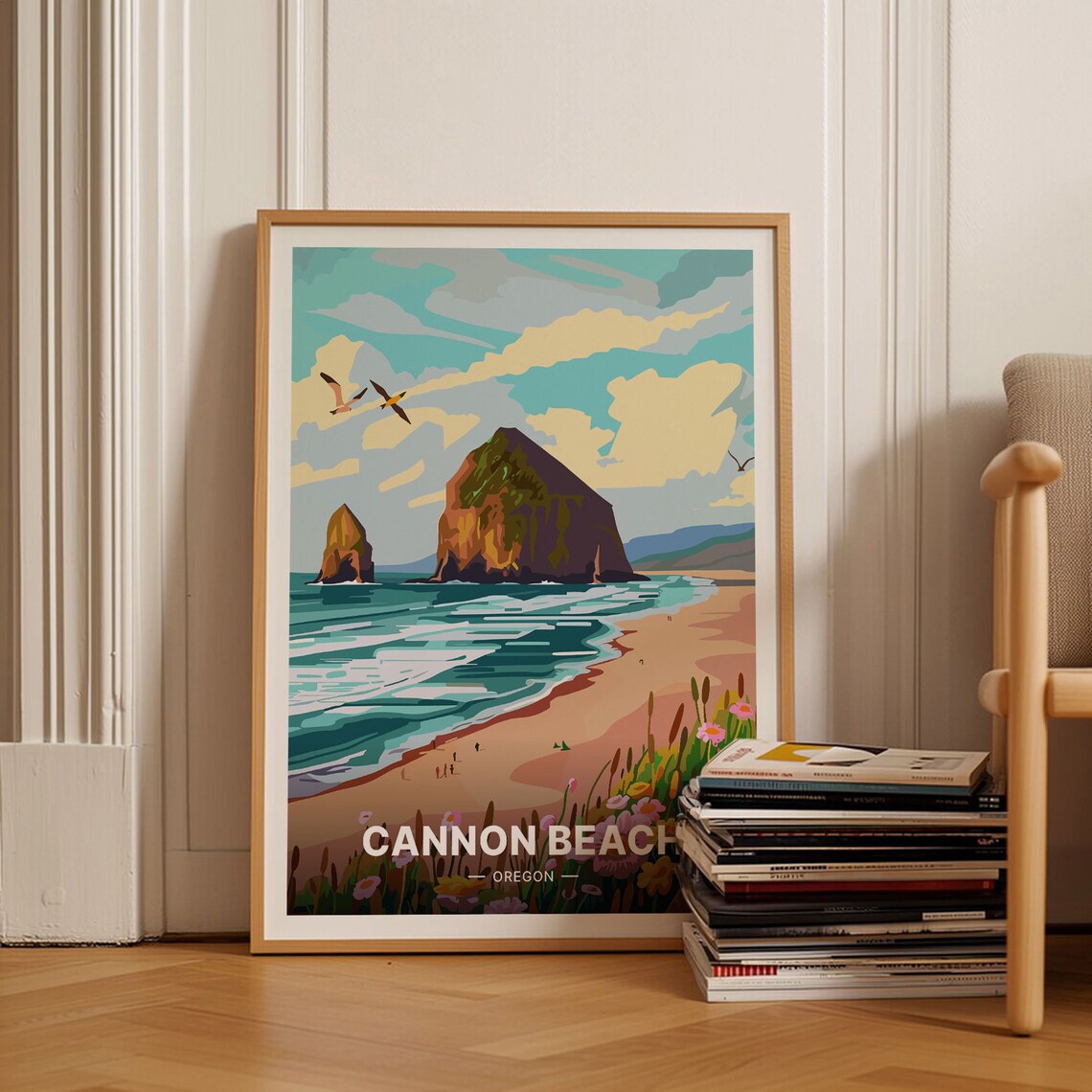 Cannon Beach Oregon Travel Poster, Mid-Century Modern