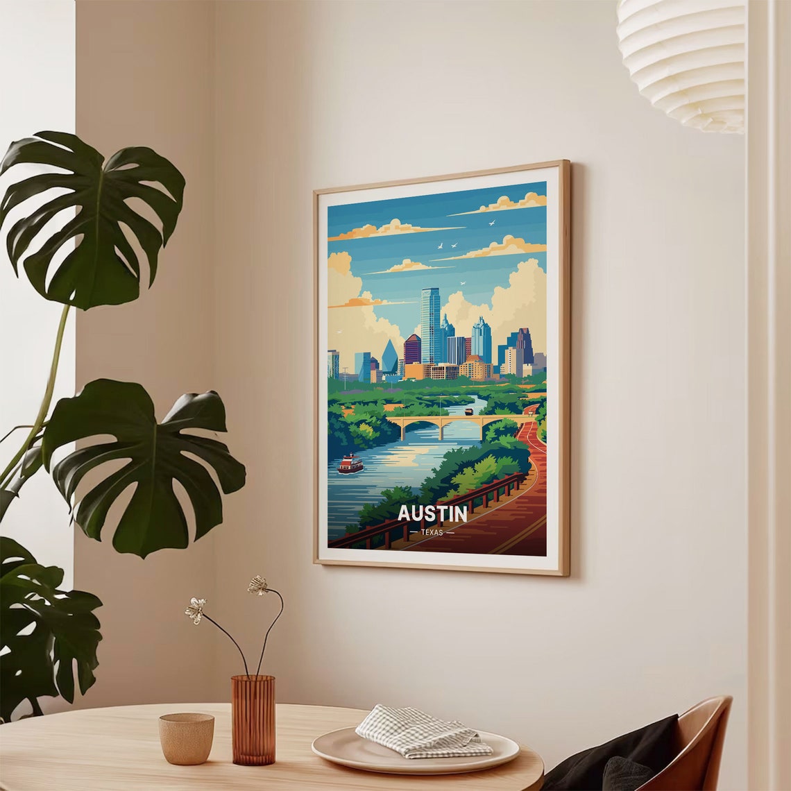 Austin Texas Vintage Travel Poster Downtown Skyline River Bridge Art - Image 2