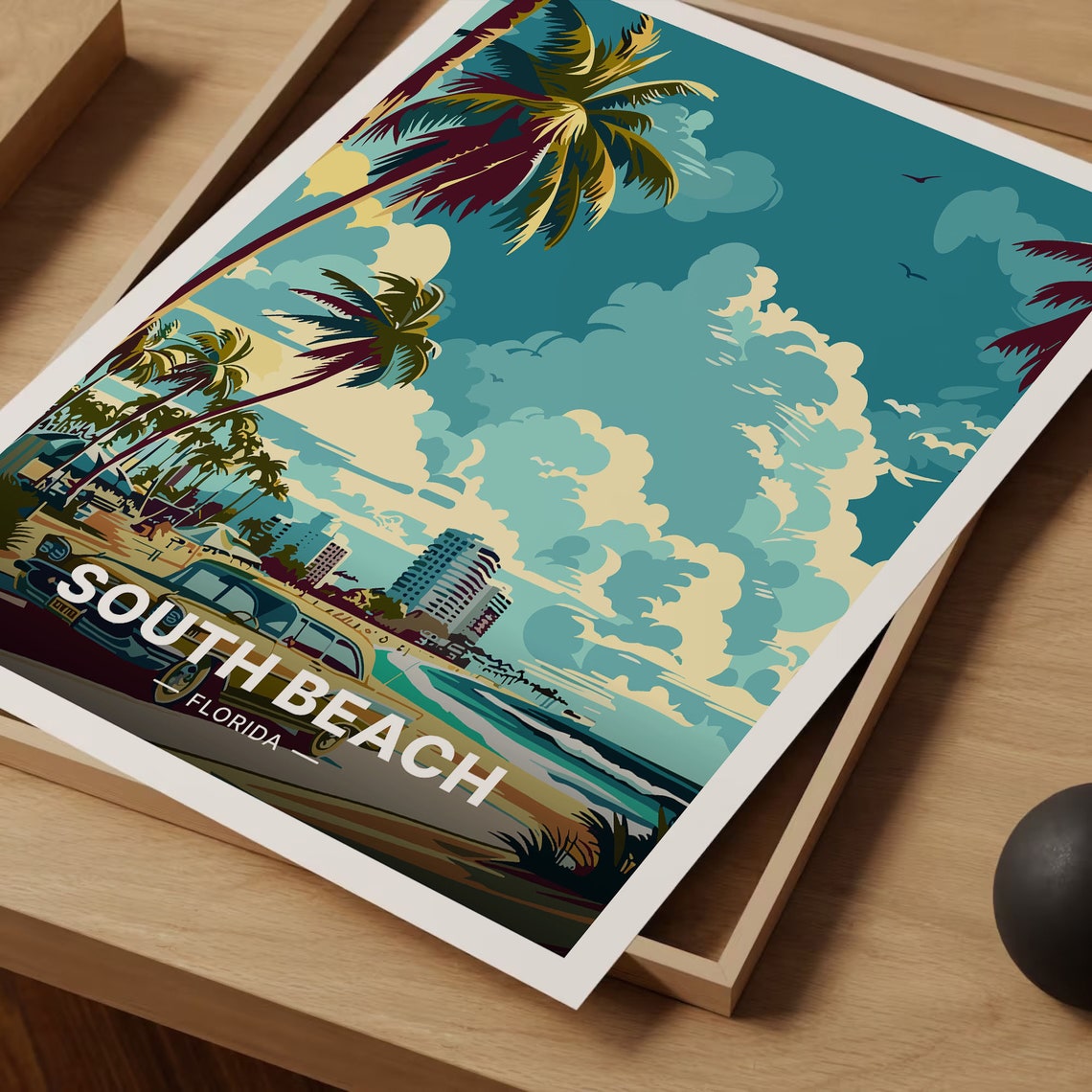 South Beach Florida Palms Vintage Car Miami Skyline Retro Poster - Image 3