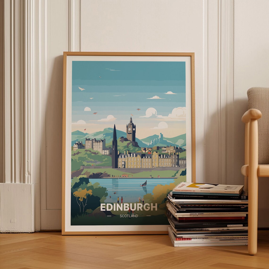 Edinburgh Scotland Old Town Castle Lake Retro Vintage Travel Poster