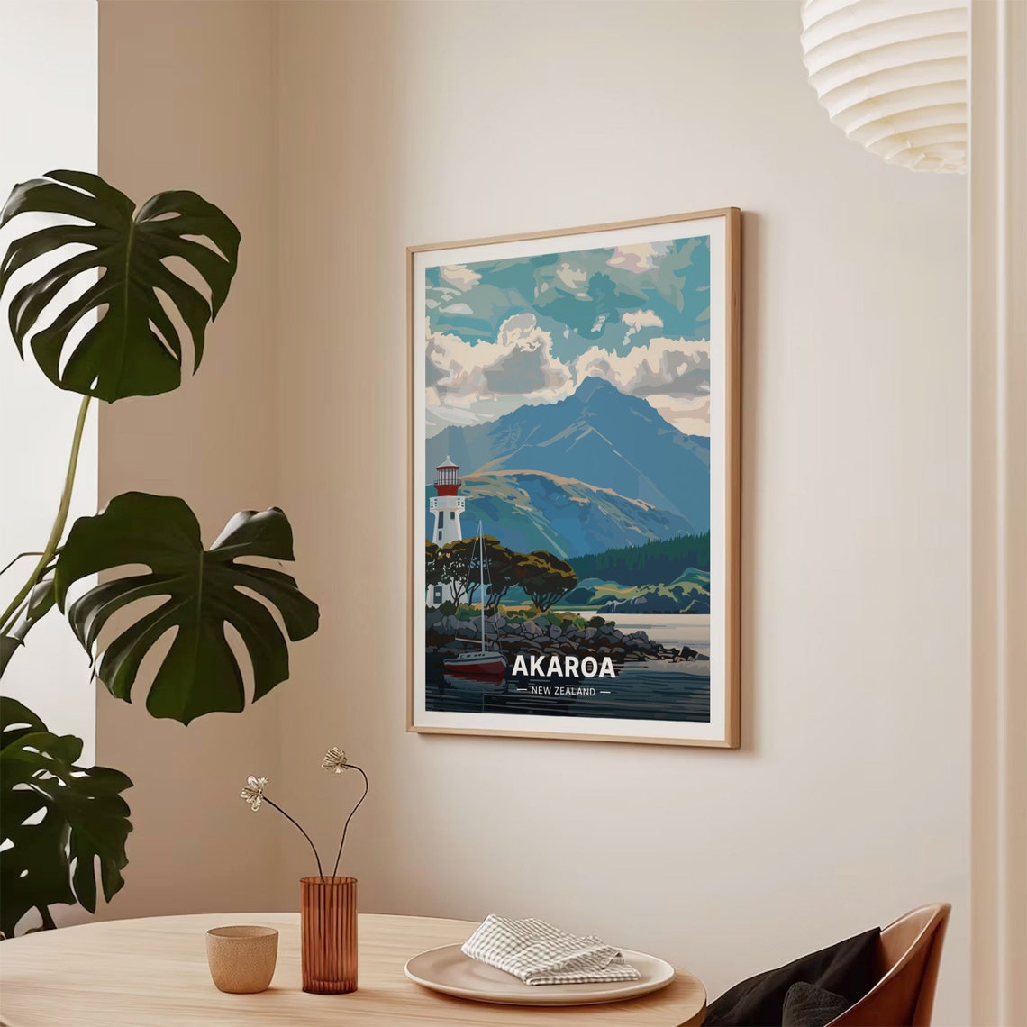 Akaroa New Zealand Lighthouse Sailboat Mountain Harbor Poster - Image 2