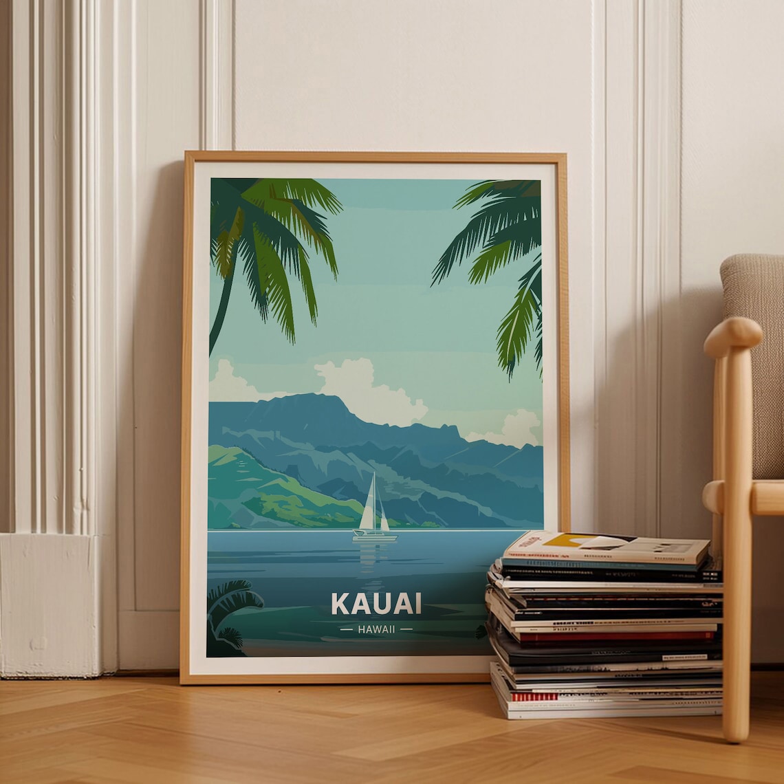 Kauai Hawaii Tropical Island Sailboat Mountain Travel Poster