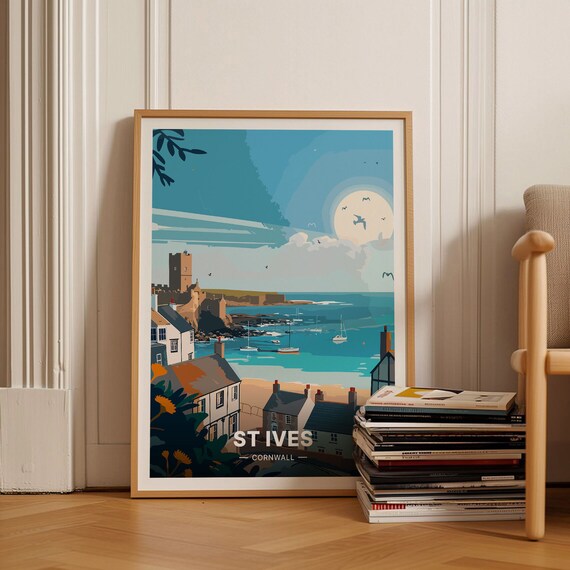 St Ives Cornwall Harbor Moonlit Boats Seaside Town Coastal Poster