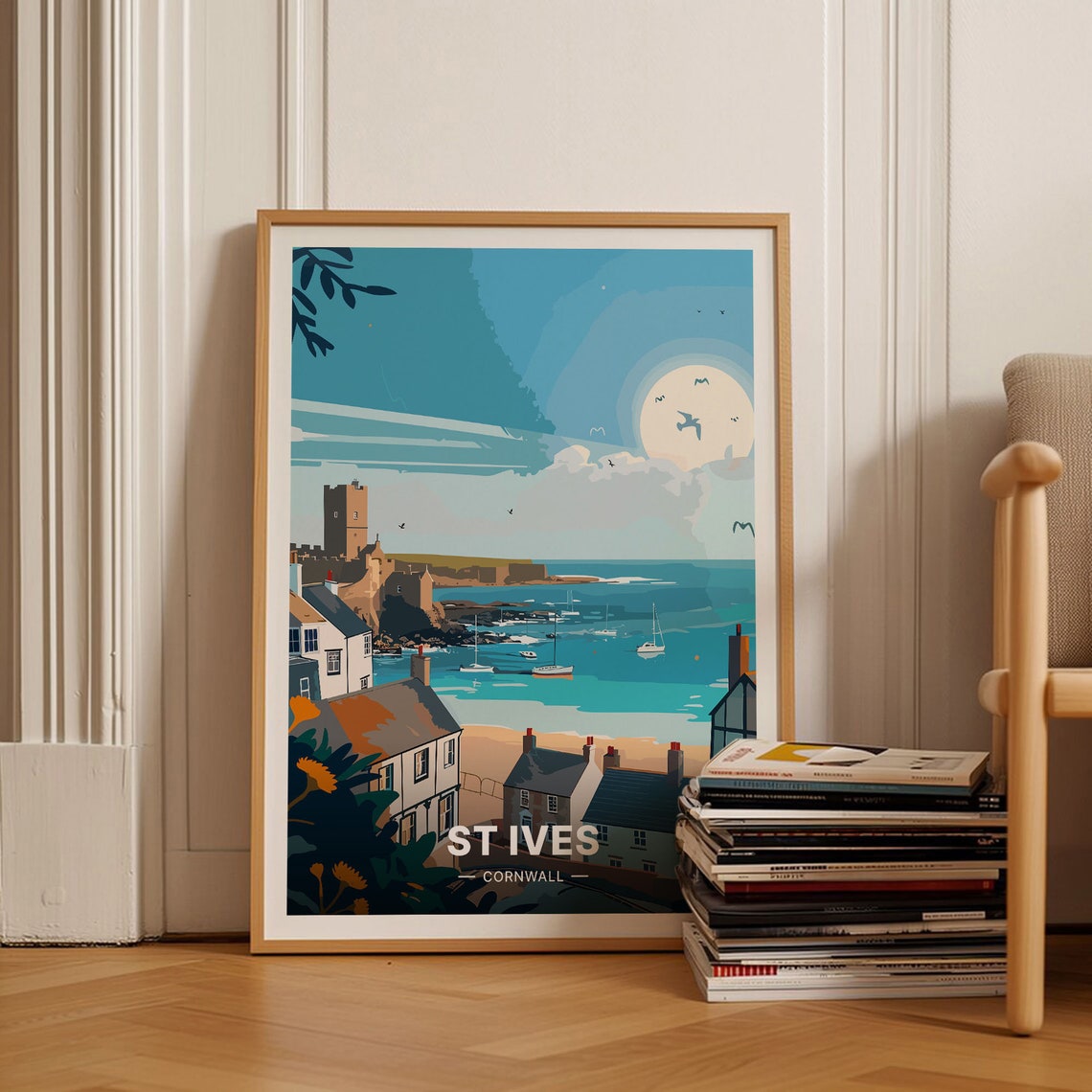 St Ives Cornwall Harbor Moonlit Boats Seaside Town Coastal Poster