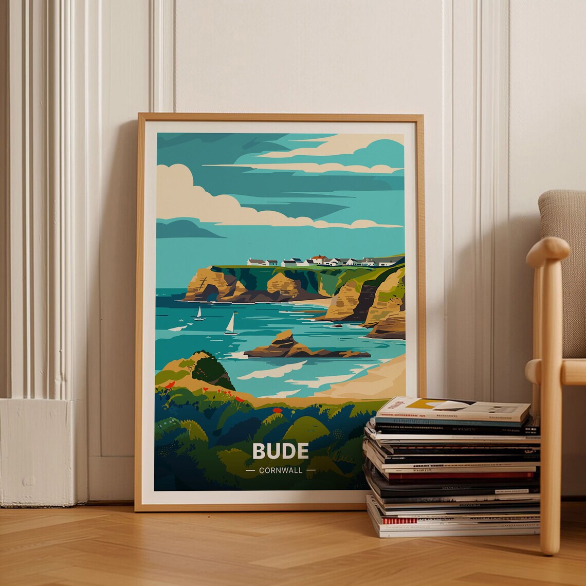 Bude Cornwall Sea Stacks Sailboats Beach Coastal Travel Poster
