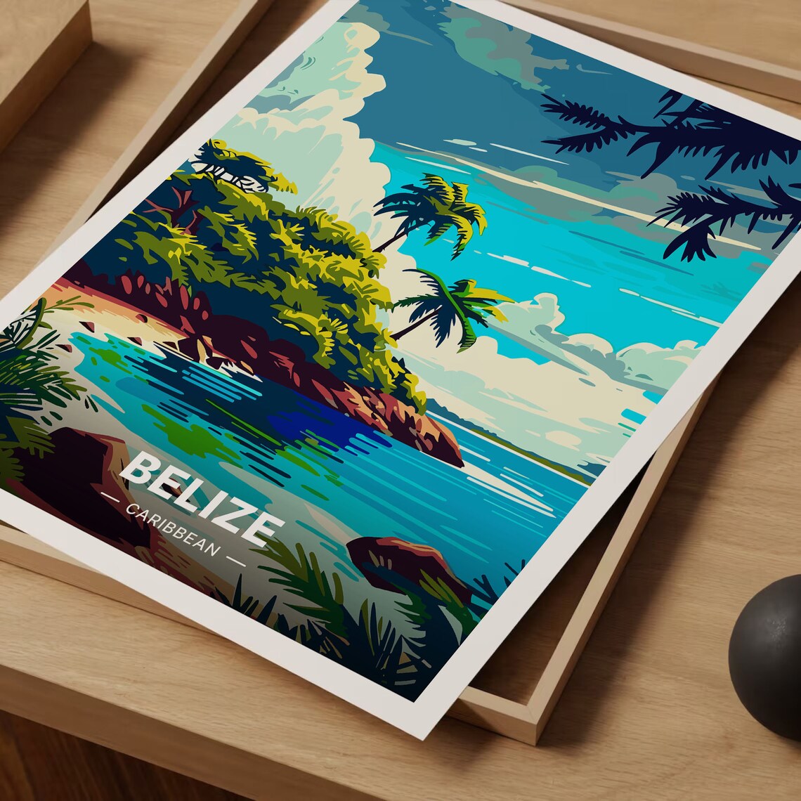 Belize Caribbean Vintage Travel Poster Tropical Coastline Palm Art - Image 3