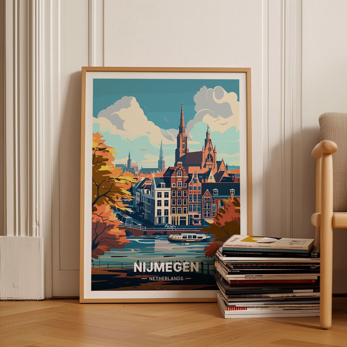 Nijmegen Netherlands Canal Gabled Houses Church Towers Travel Poster