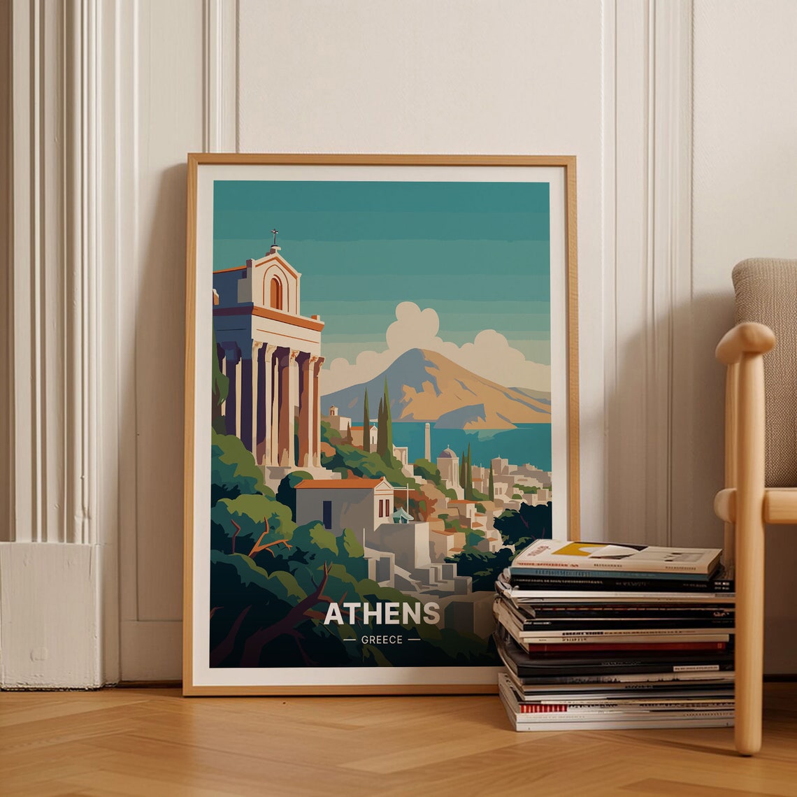 Athens Greece Ancient Temple Columns Coastal Town Travel Poster