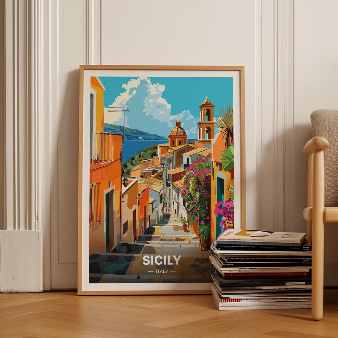 Sicily Italy Old Town Steps Church Dome Coastal Town Travel Poster
