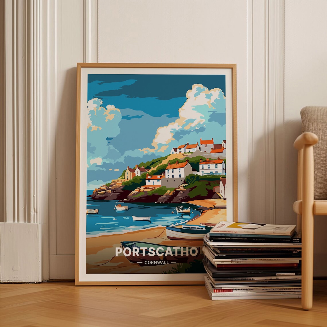 Portscatho Cornwall Fishing Village Harbor Boats Coastal Travel Poster