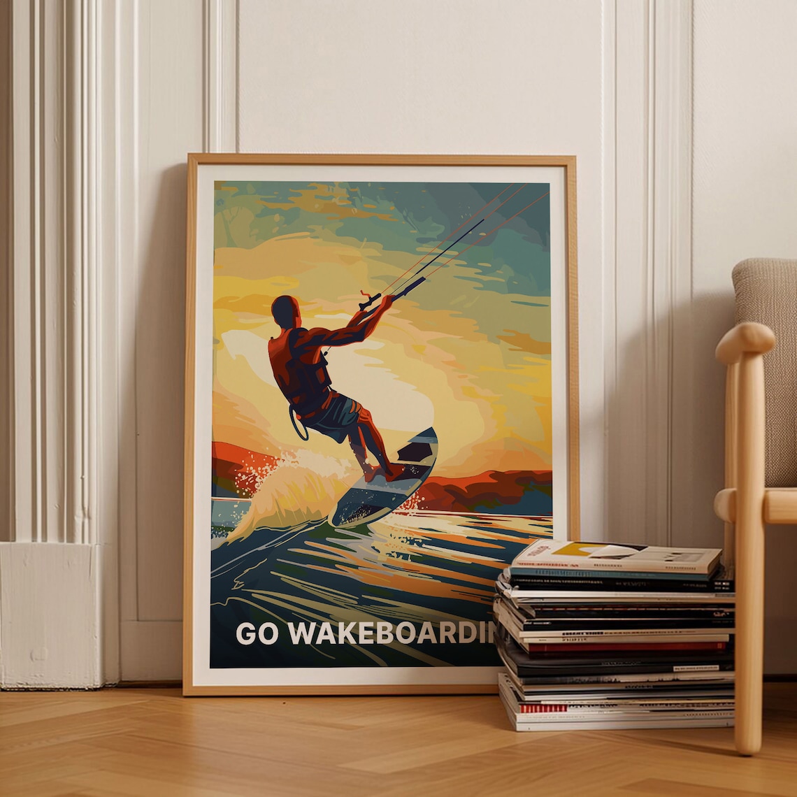 Go Wakeboarding and Kitesurfing Sunset Ocean Jump Art Poster