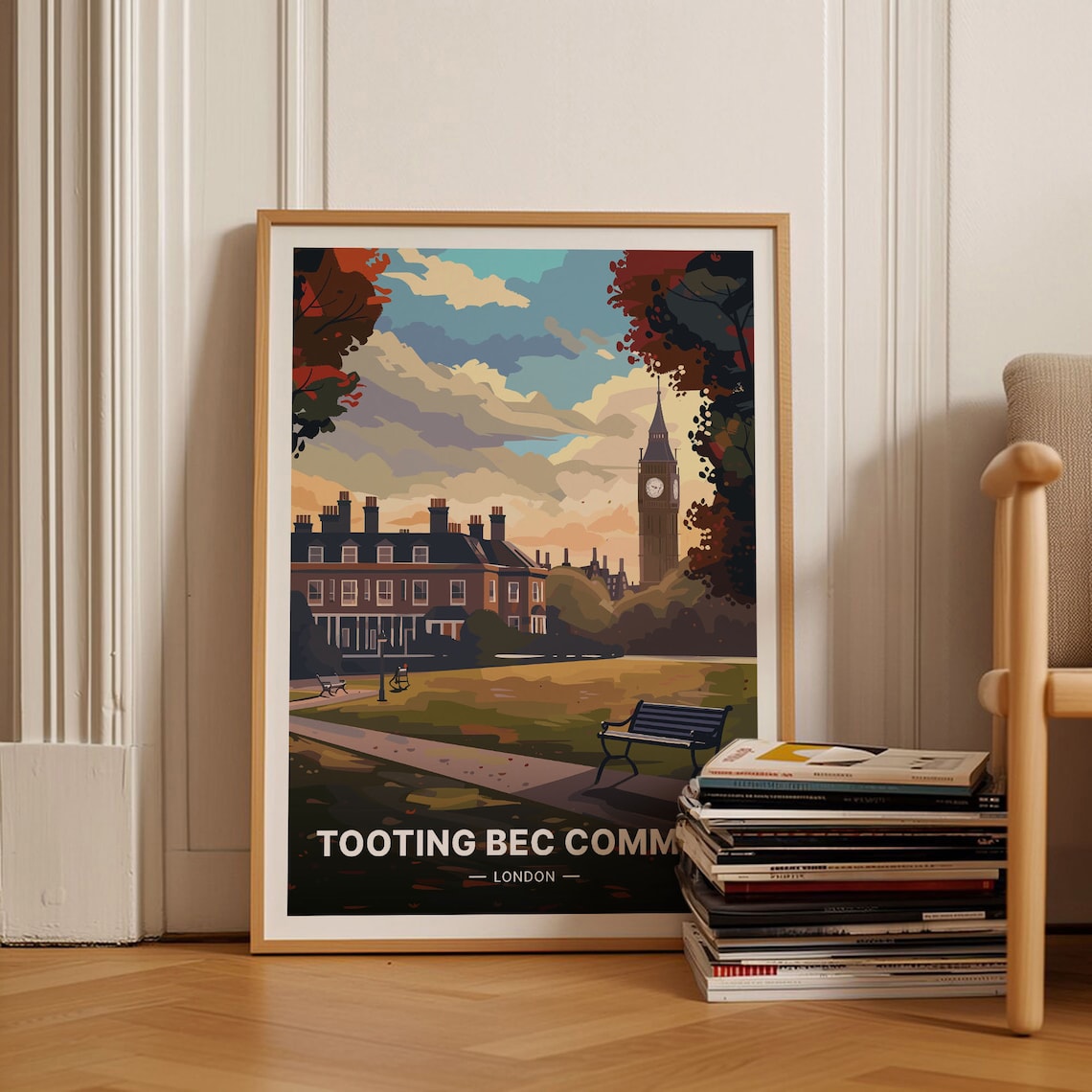 Tooting Bec Common London Park Benches Big Ben Vintage Travel Poster
