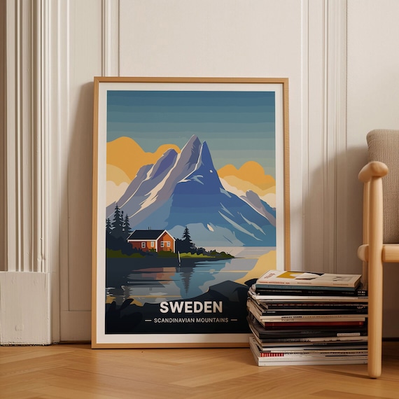 Sweden Travel Poster, Scandinavian Mountains Art