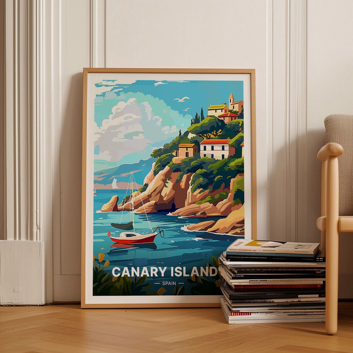 Canary Islands Spain Rocky Cliffs Sailboat Harbor Travel Poster