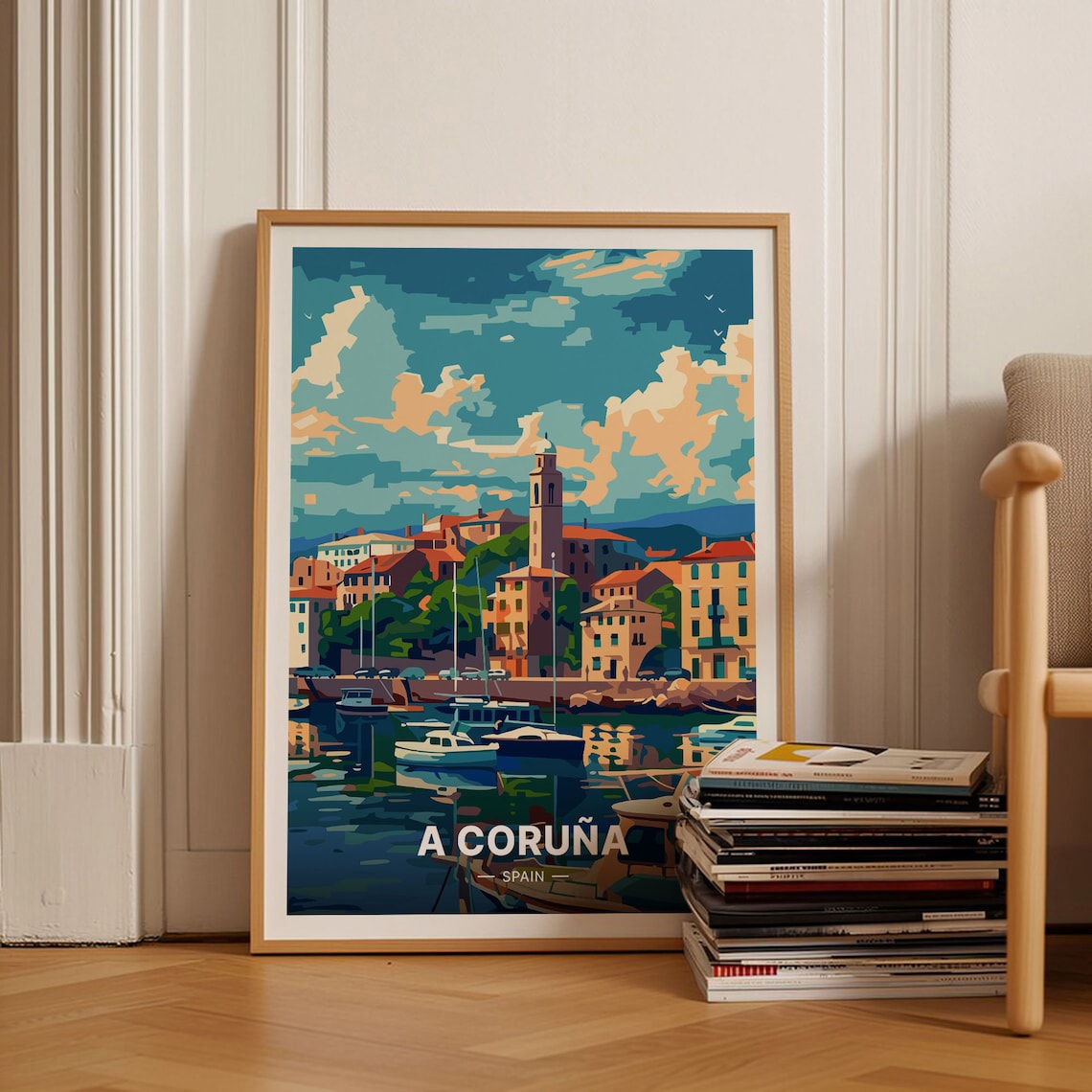 A Coruna Spain Harbor Boats Bell Tower Waterfront Travel Poster