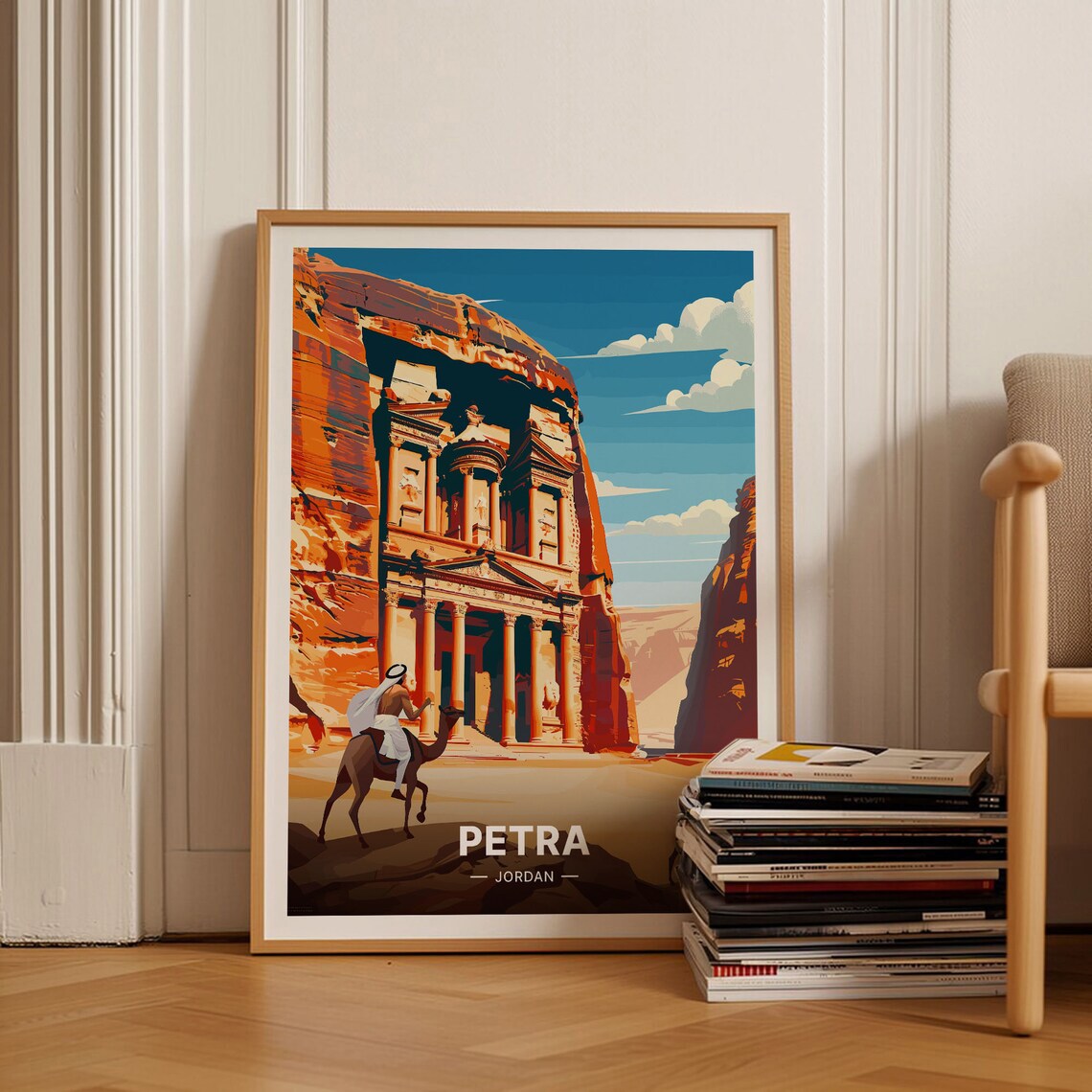 Petra Jordan Travel Poster Treasury Canyon Camel Rider Desert Art